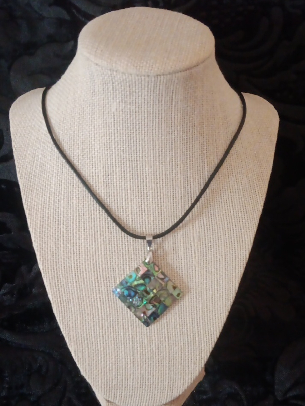 Abalone Unique Inverted Square Pendant With Black Cord Necklace